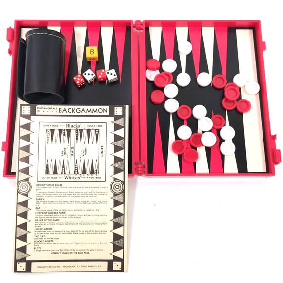 VTG Crisloid Backgammon Set Red Plastic Travel Size Complete in Box w/ Case - Picture 3 of 3